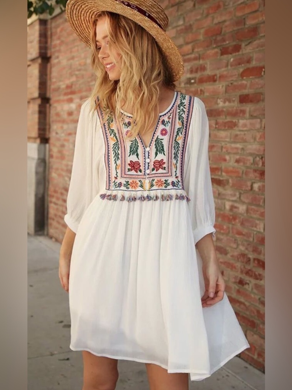 Umgee Cream Embroidered V-Neck Boho Tunic Dress Small